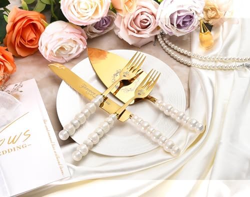 Wedding Cake Knife and Server Set, Gold Ceramic Pearl Handle Cake Cutting Set for Weddings, Engagements, Anniversaries, and Engagement Gifts for Couples