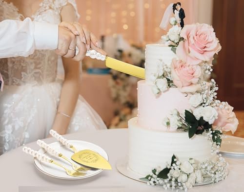 Wedding Cake Knife and Server Set, Gold Ceramic Pearl Handle Cake Cutting Set for Weddings, Engagements, Anniversaries, and Engagement Gifts for Couples
