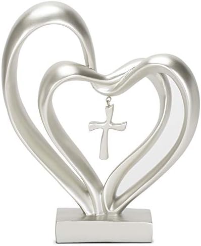 Marriage Takes Three Matte Silver Finish 13X8 inch Cross in Middle of Hearts Tabletopper