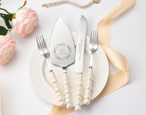 Wedding Cake Knife and Server Set, Ceramic Pearl Handle Cake Cutting Set for Weddings, Engagements, Anniversaries, and Engagement Gifts for Couples