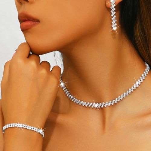 Aukmla Bridal Jewelry Set Silver Sparkly Choker Wedding Necklace Bracelet Earring Sets Prom Necklaces for Women and Brides