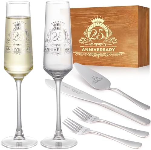 25th Anniversary Champagen Flutes Wedding Gifts for Couple, 25th Birthday Anniversary Decorations, Silver Cake Cutting Set for Wedding 25th Anniversary Presents