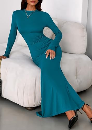 PRETTYGARDEN Fall Dresses for Women 2026 Long Sleeve Bodycon Mock Neck Ruched Maxi Formal Cocktail Wedding Guest Dress