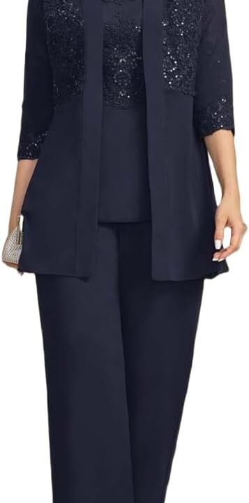 3 Pieces Mother of Bride Pant Suits with Jackets Laces Sequin Chiffon Mother of Groom Dresses