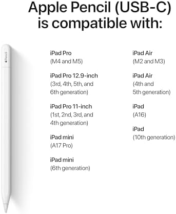Apple Pencil (USB-C): Device Compatibility Check Required – Pixel-Perfect Precision, Tilt Sensitivity, Ideal for Note-Taking, Drawing, and Signing Documents. Charges and Pairs with USB-C