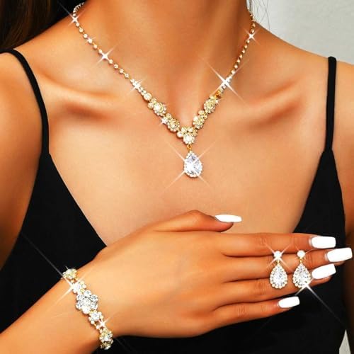 Unicra Bride Silver Bridal Necklace Earrings Set Crystal Bridal Wedding Jewelry Set Rhinestone Choker Necklace for Women and Brides