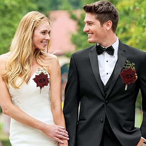 Campsis Wedding Flower Boutonniere Groom Rose Buttonholes Prom Suit Decoration for Men(Red Wine)