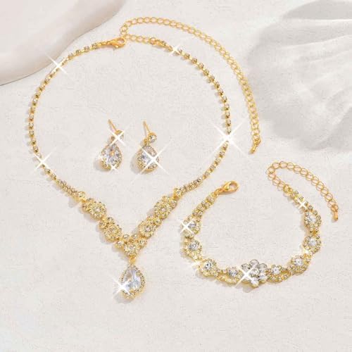 Unicra Bride Silver Bridal Necklace Earrings Set Crystal Bridal Wedding Jewelry Set Rhinestone Choker Necklace for Women and Brides