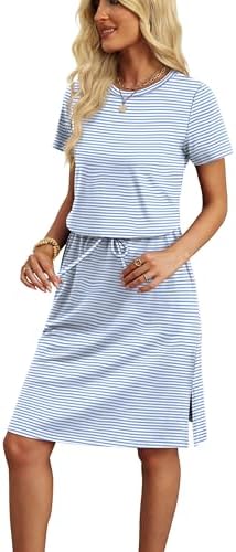 OFEEFAN Womens Summer Dresses Fashion Short Sleeve Crew Neck T Shirt Sundresses Casual Tie Waist with Pockets