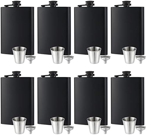 8 pcs Flask for Liquor for Men Matte Black 8Oz Stainless Steel Leak Proof with 8 Wine Glass 8 pcs Funnel Used for Gift, Camping, Outdoor Activity, Groomsman Bridesmaid Wedding Party
