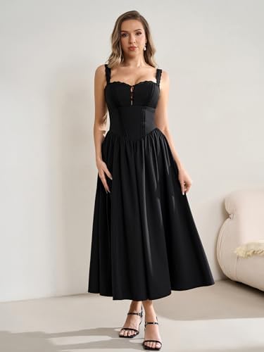 KUTUMAI Women Summer Lace Square Neck Midi Dress Corset Smocked Flowy A Line Beach Wedding Guest Dresses with Pockets