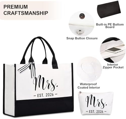 Lamyba Bride Tote Bag,Bridal Shower/Bachelorette Party/Wedding Day Gifts for Bride To Be,Mrs Bag EST 2026,Interior Pocket,Black and White
