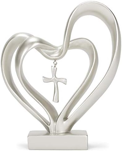 Marriage Takes Three Matte Silver Finish 13X8 inch Cross in Middle of Hearts Tabletopper