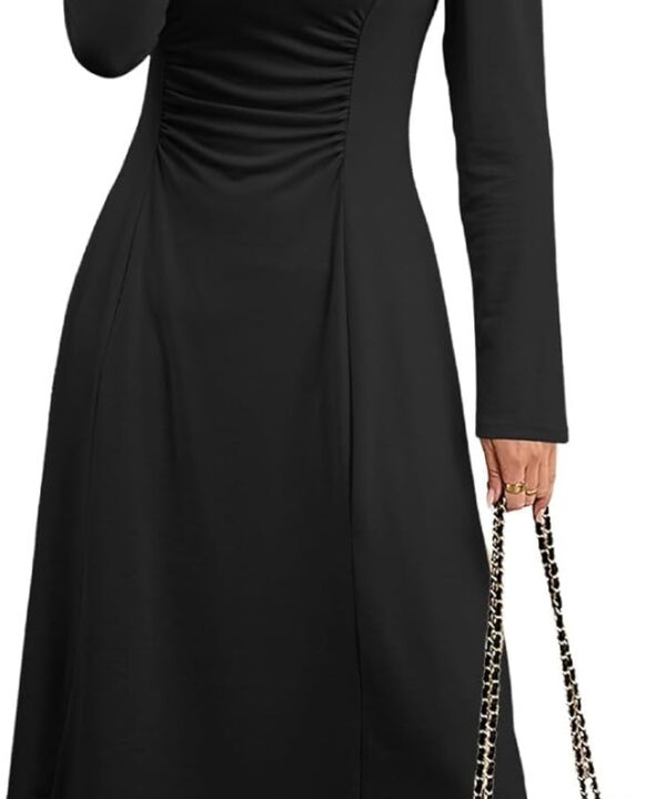 Dokotoo Women's Casual Long Sleeve Dresses Fashion Fall Lace Crewneck Elegant Solid Formal Midi Dress