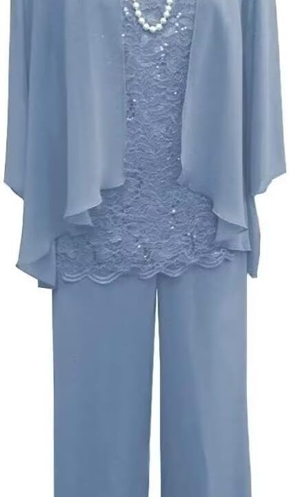 Women's 3 Pieces Mother of The Bride Dress Pant Suits Lace Wedding Guest Dress with Jacket