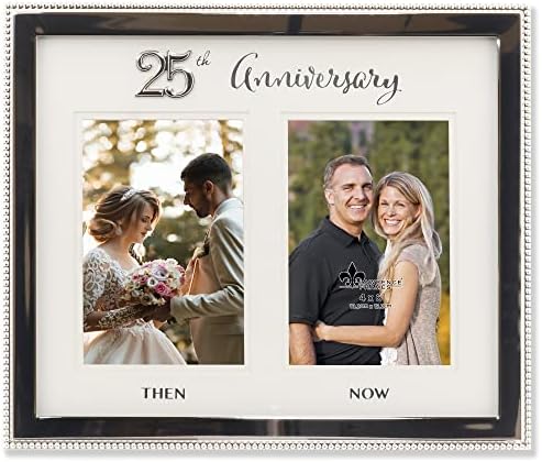 4×6 Double Silver Beaded Metal 25th Anniversary Picture Frame, Then and Now