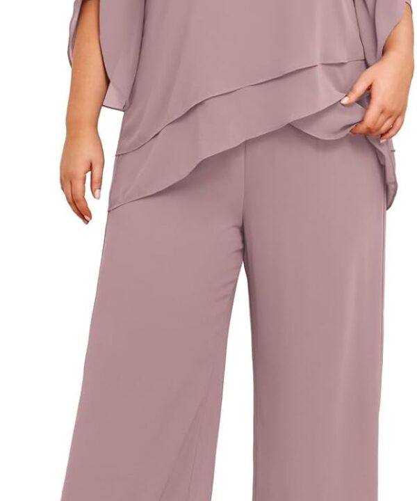 Hanna Nikole Mother of Bride Pant Suits Plus Size Half Sleeve 2 Piece Chiffon Pantsuit Formal Wedding Guest Outfit