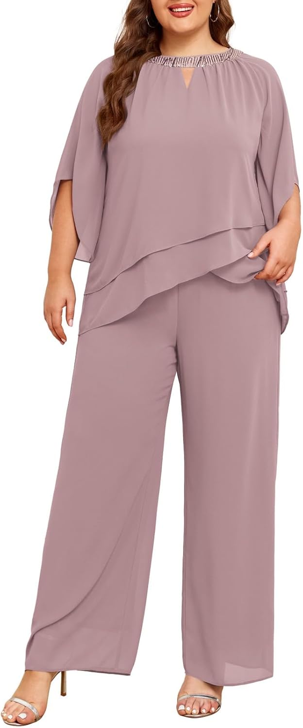 Hanna Nikole Mother of Bride Pant Suits Plus Size Half Sleeve 2 Piece Chiffon Pantsuit Formal Wedding Guest Outfit