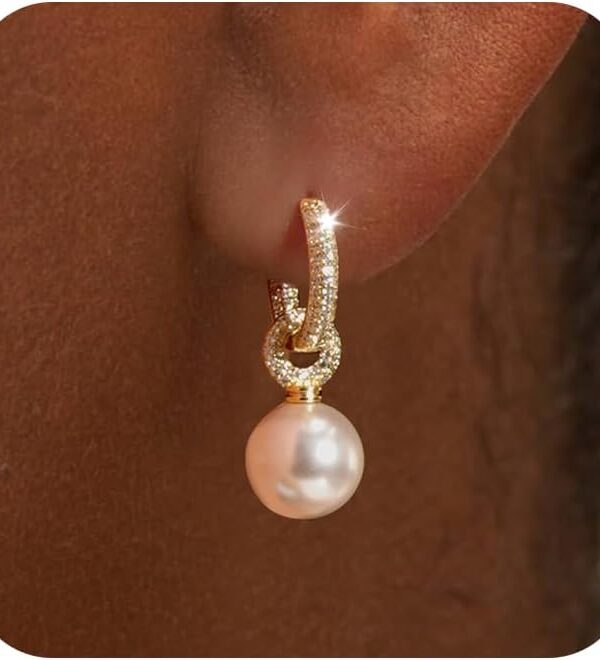 YOIHUR Pearl Earrings for Women, Dainty 14K Gold Plated Pearl Hoop Earrings Hypoallergenic Wedding Pearls Dangle Earrings Jewelry Gift for Women Bridal