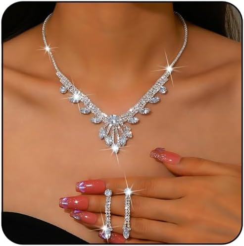 MIFYNN Prom Jewelry Set for Women Rhinestone Necklace Earrings Set Sparkling Silver Crystal Necklace Earrings Sets Bridal Wedding Prom Costume Jewelry Sets for Women