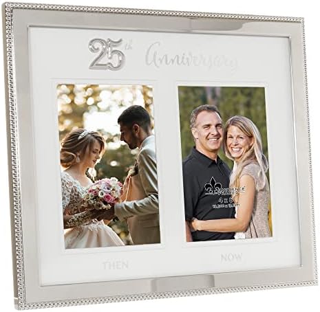 4×6 Double Silver Beaded Metal 25th Anniversary Picture Frame, Then and Now