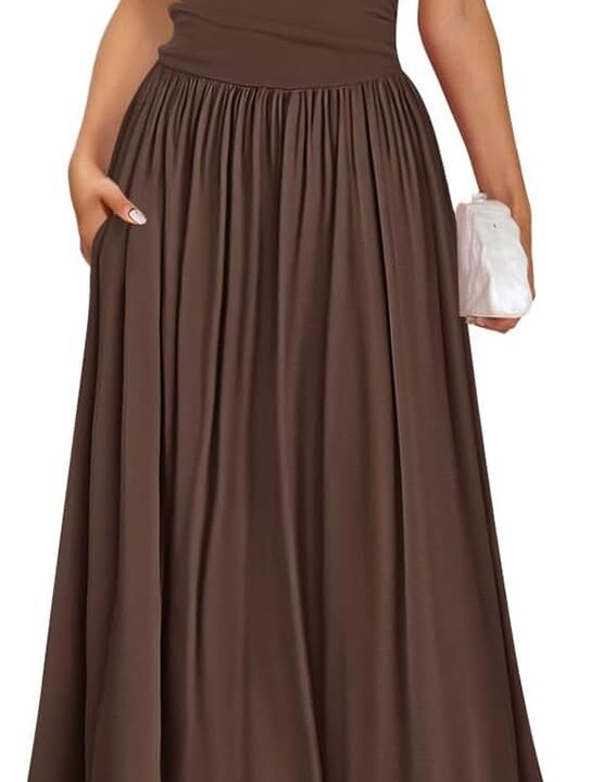 ZESICA Women's Summer 2026 Sleeveless Maxi Dress One Shoulder Casual Slim Swing Pleated Formal Dresses with Pockets