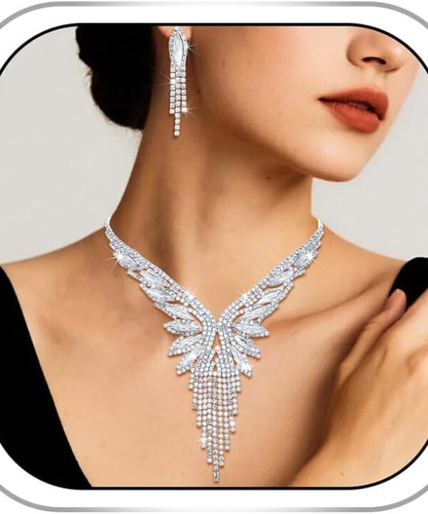 Gangel Silver Wedding Jewelry Sets Rhinestone Earring Necklace Set Crystal Necklaces Earrings Formal Prom Accessories for Women