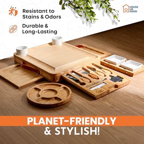 Bamboo Charcuterie Board Set – Large Cheese Platter with Knives & Bowls – Valentines Day Gift for Her, Mom or Girlfriend – Great Wedding, Housewarming & Birthday Gift Idea