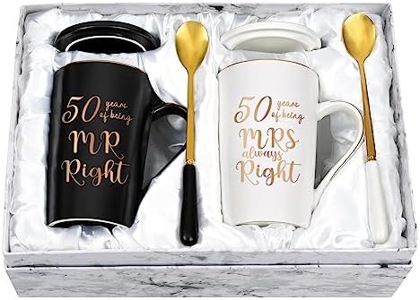 YHRJWN – 50th Wedding Gifts, 50 Years of Being Mr & Mrs Always Right Mug Set, Wedding Gifts Ideas for Parents Couple, 14 Oz with Lids and Gift Box