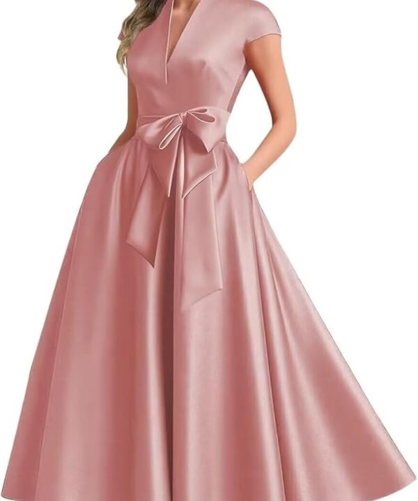 Tea Length Mother of The Bride Dresses for Wedding Cap Sleeves A Line Long Satin Formal Dress with Pockets Bow