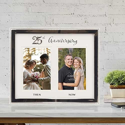 4×6 Double Silver Beaded Metal 25th Anniversary Picture Frame, Then and Now