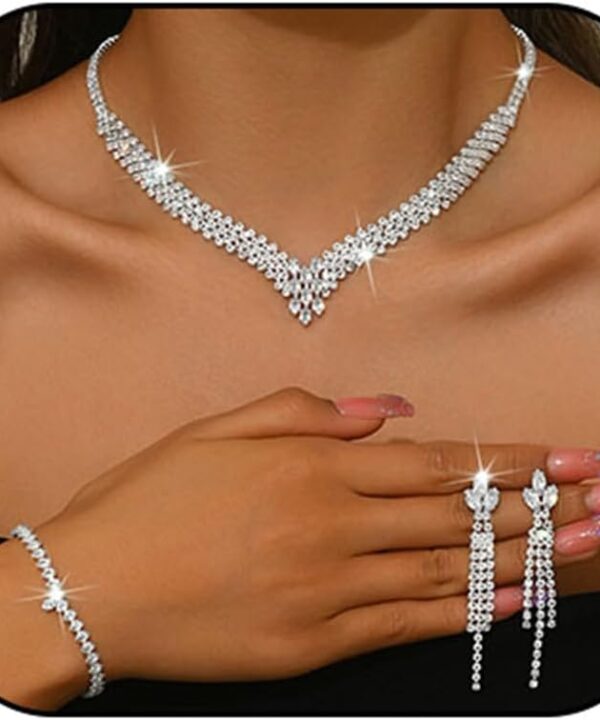 Dreuyet Rhinestone Wedding Jewelry Set Crystal Sparkly Choker Necklace Bracelet Earrings for Brides Bridesmaid Cubic Zirconia Bridal Tennis Chain for Women Prom Party