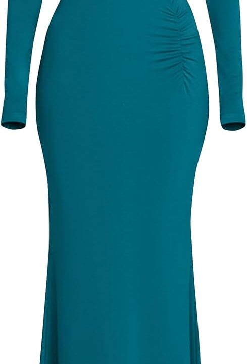 PRETTYGARDEN Fall Dresses for Women 2026 Long Sleeve Bodycon Mock Neck Ruched Maxi Formal Cocktail Wedding Guest Dress