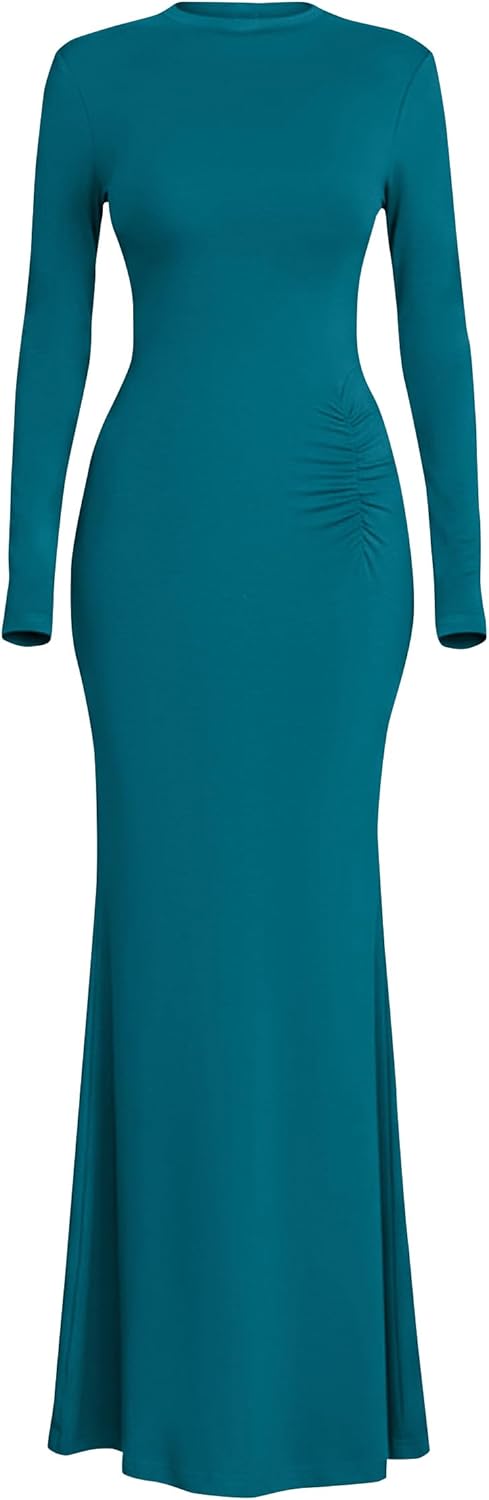 PRETTYGARDEN Fall Dresses for Women 2026 Long Sleeve Bodycon Mock Neck Ruched Maxi Formal Cocktail Wedding Guest Dress