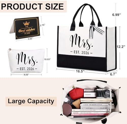 Lamyba Bride Tote Bag,Bridal Shower/Bachelorette Party/Wedding Day Gifts for Bride To Be,Mrs Bag EST 2026,Interior Pocket,Black and White