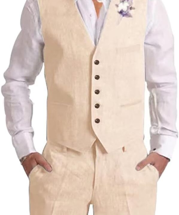 Mens Linen Suit 2 Piece Short Suits for Men Casual Summer Beach Wedding Suit Linen Vest Shorts Set