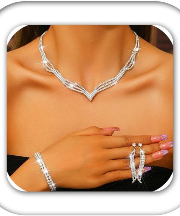 Aukmla Rhinestones Bridal Jewelry Set Silver Sparkly Bride Wedding Necklace Earrings Bracelet Sets Prom Jewelry for Women