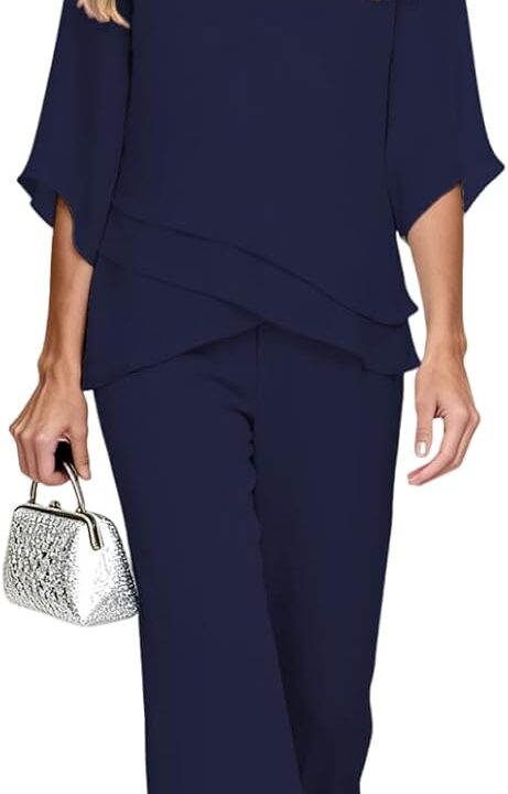 2 Pieces Mother of The Bride Pant Suits with Short Sleeves Chiffon Formal Grandmother Pantsuit Outfits for Wedding