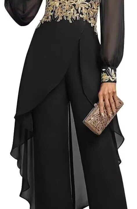 2 Pieces Mother of The Bride Pant Suits for Women Chiffon V Neck Gold Applique Formal Wedding Gust Outfits DP019