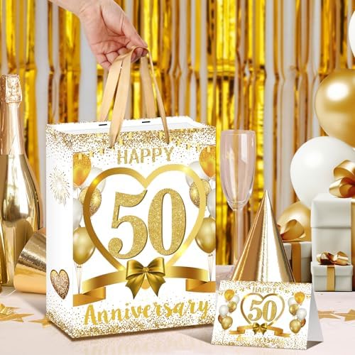White Gold Happy 50th Anniversary Paper Gift Bag with Tissue Papers and Card, Gold Party Gift Wrapping Bag Treat Bag for Golden Wedding Anniversary Decorations
