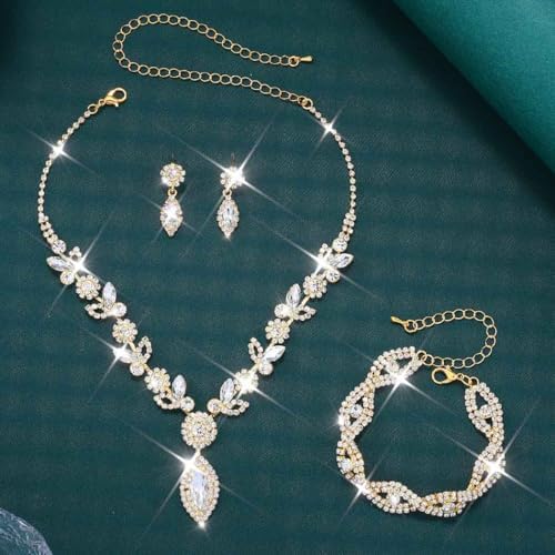 Unicra Silver Crystal Bridal Wedding Jewelry Set Rhinestone Necklace Earrings Bracelet Sets Formal Costume Jewelry for Women and Brides