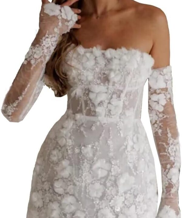 LECOYOYO Short Wedding Dresses for Bride 2025 Lace Applique Boho Mini Bridal Dress for Bride Long Sleeve Bridal Shower Gowns