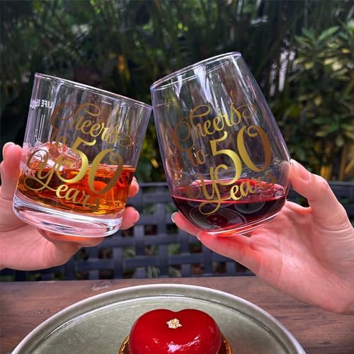 Cheers to 50 Years Wine & Whiskey Glass Gift Set, Gold Foil Design 50th Birthday Anniversary Wedding Valentines Day Stemless Wine Glass Gifts for Grandparents Couple Men Women Wife Husband Parents128