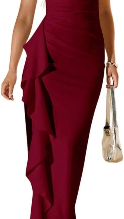 Narecte Womens Strapless Ruffle Bodycon Maxi Dress Side Slit Formal Evening Dress Elegant Bridesmaid Wedding Guest Dresses