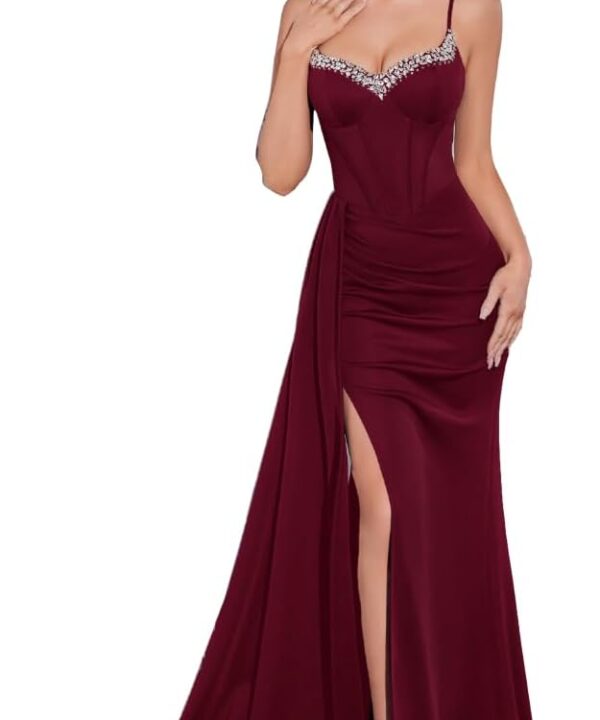 Women's Spaghetti Strap Rhinestone Evening Gown, V Neck Sparkly Formal Dress for Wedding Guest Party Club Night Prom