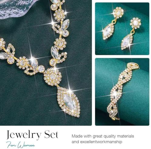 Unicra Silver Crystal Bridal Wedding Jewelry Set Rhinestone Necklace Earrings Bracelet Sets Formal Costume Jewelry for Women and Brides