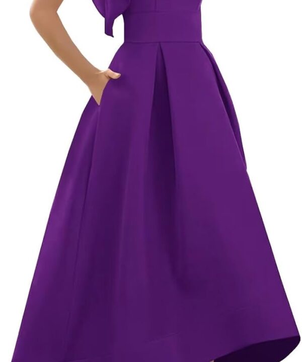 UZN Satin Mother of The Bride Dress One Shoulder Long Formal Wedding Guest Gown with Pockets