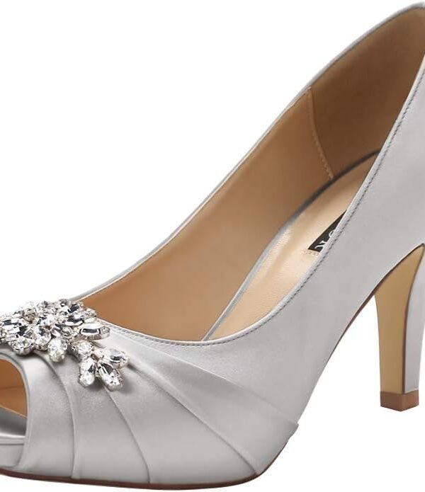 ERIJUNOR Peep Toe Mid Heels for Woman Rhinestones Satin Evening Prom Wedding Shoes
