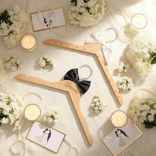 2 Pcs Bride and Groom Wooden Hangers with Bow Tie Wedding Hangers for Tuxedo Favors Wedding Gift Bridal Party Shower(Fresh)