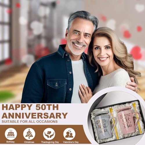 Biching 50th Wedding Anniversary for Couples, Golden 50th Anniversary Mugs Gifts for Parents Grandparents, 14Oz 50th Wedding Couple Mugs with Spoons, Lids, Greeting Card, Gift Box